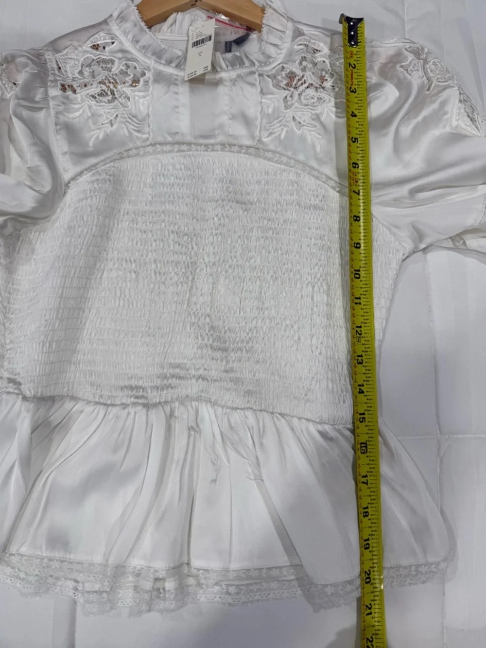 Anthropologie White Smocked Peplum Blouse with Lace Insets